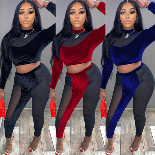 Mesh Gold Velvet Stitching Long-Sleeved Two-Piece Suit